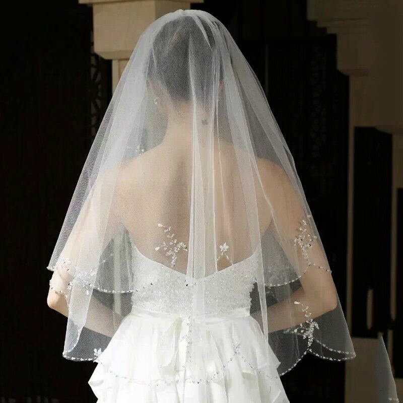 White or Ivory Short Wedding Veil with Crystal Edge with Comb 2 Beaded Bride Bridal Veils