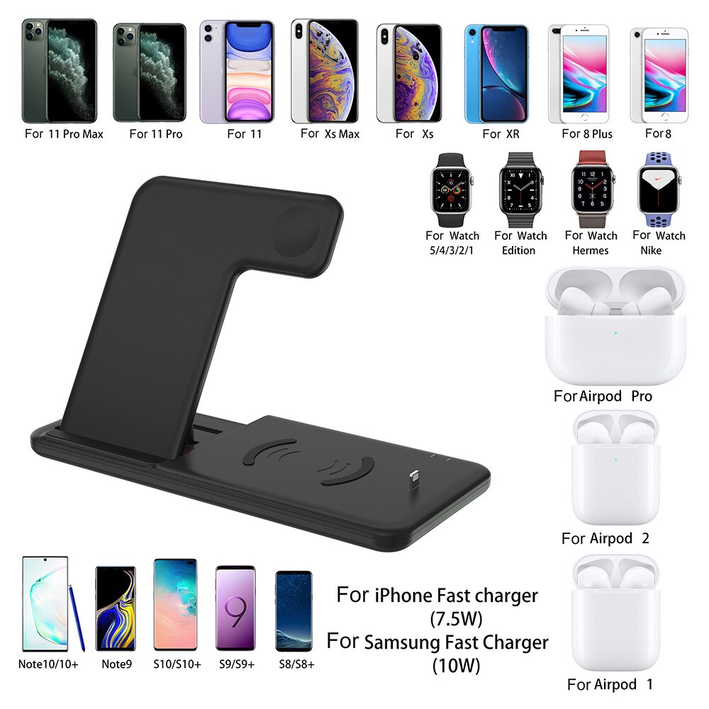 15W Qi Fast Wireless Charger Stand For iPhone 11 XS XR X 8 Samsung S10 S20 4 in 1 Charging Station for Apple Watch Airpods pro