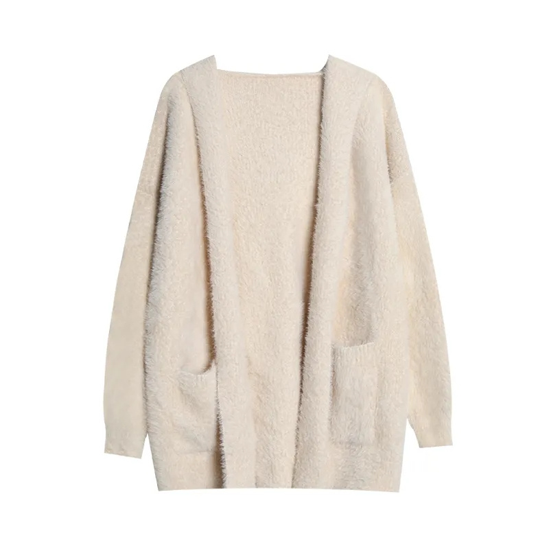 Hvid minkpels hættetrøje strikket cardigan kvinder efterår og vinter løs doven stil tyk mælk fufu sweaterjakke: L / Elfenben