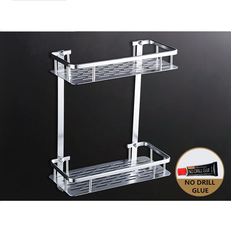 Badrumsvägg fyrkantiga hyllor aluminium korg hylla rack ett två lager dusch caddy köksställ etagere väggmålning banheiro: Dubbel nivå