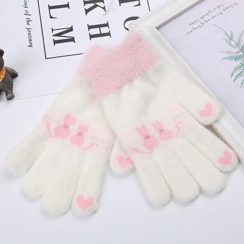 Teenagers Kids Winter Warm Leuke Kat Patroon Volledige Vinger Jacquard Gebreide Handschoenen Kinderen Accessoires: WHITE