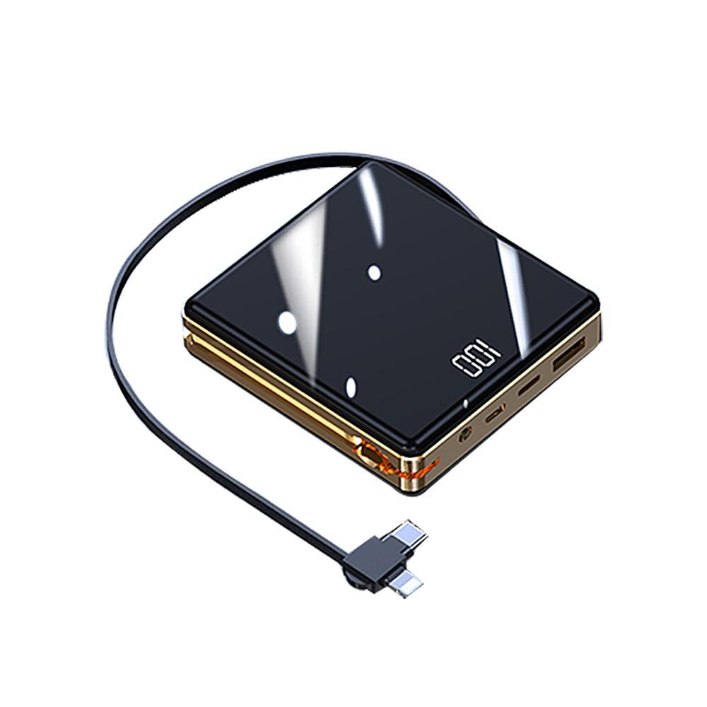 Mini powerbank 10000 mah externe batterij led-verlichting draagbare reis powerbank snel opladen back-up powerbank met kabels: Zwart