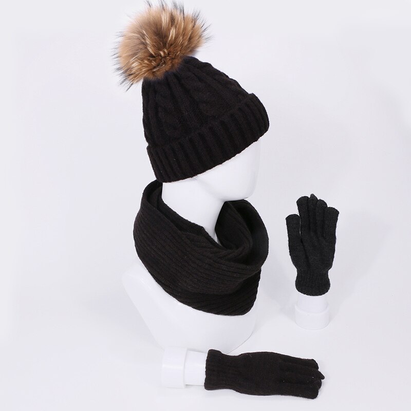Gorro de piel Real con pompón, gorros, bufandas, guantes, conjunto de tres piezas, gorro grueso para invierno y otoño bufanda, guantes traje Windproo Pom sombrero bufanda, guantes de invierno deportes al aire libre cálida bufanda gorros conjuntos: A