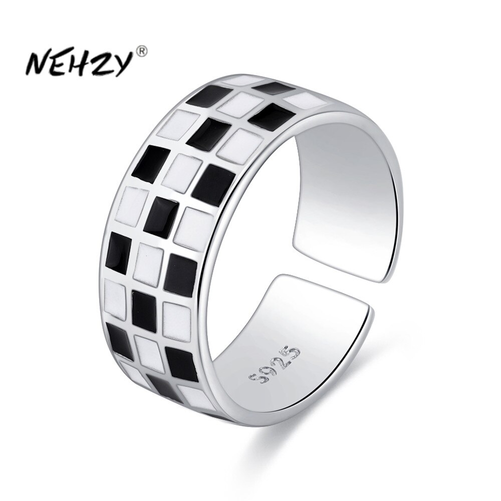 Nehzy S925 Stempel Zilver Vrouwen Mode-sieraden Dambord Eenvoudige Zwart-wit Plaid Open Ring