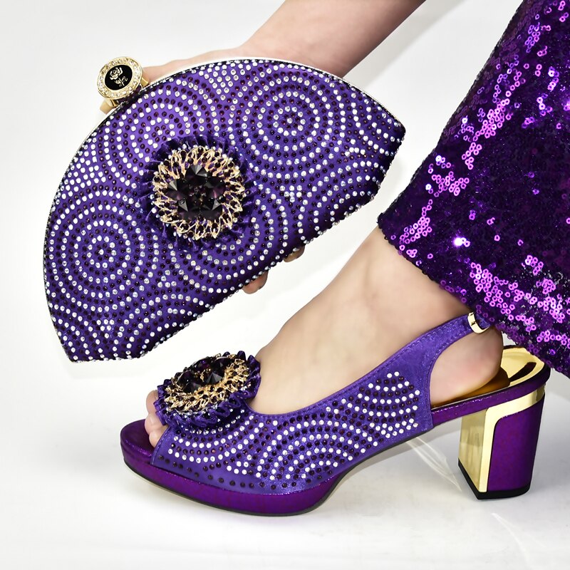 Rhinestone Wedding Shoes Italian Shoe and Bag Set for Party In Women Italian Women Wedding Pumps with Purse: Purple / 9
