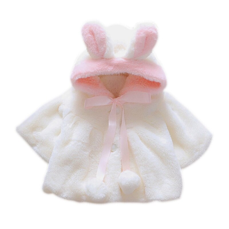 Manteau à capuche avec fourrure de lapin pour bébé fille, veste chaude et épaisse, rose et blanc, 0-4T: WHITE / L-90