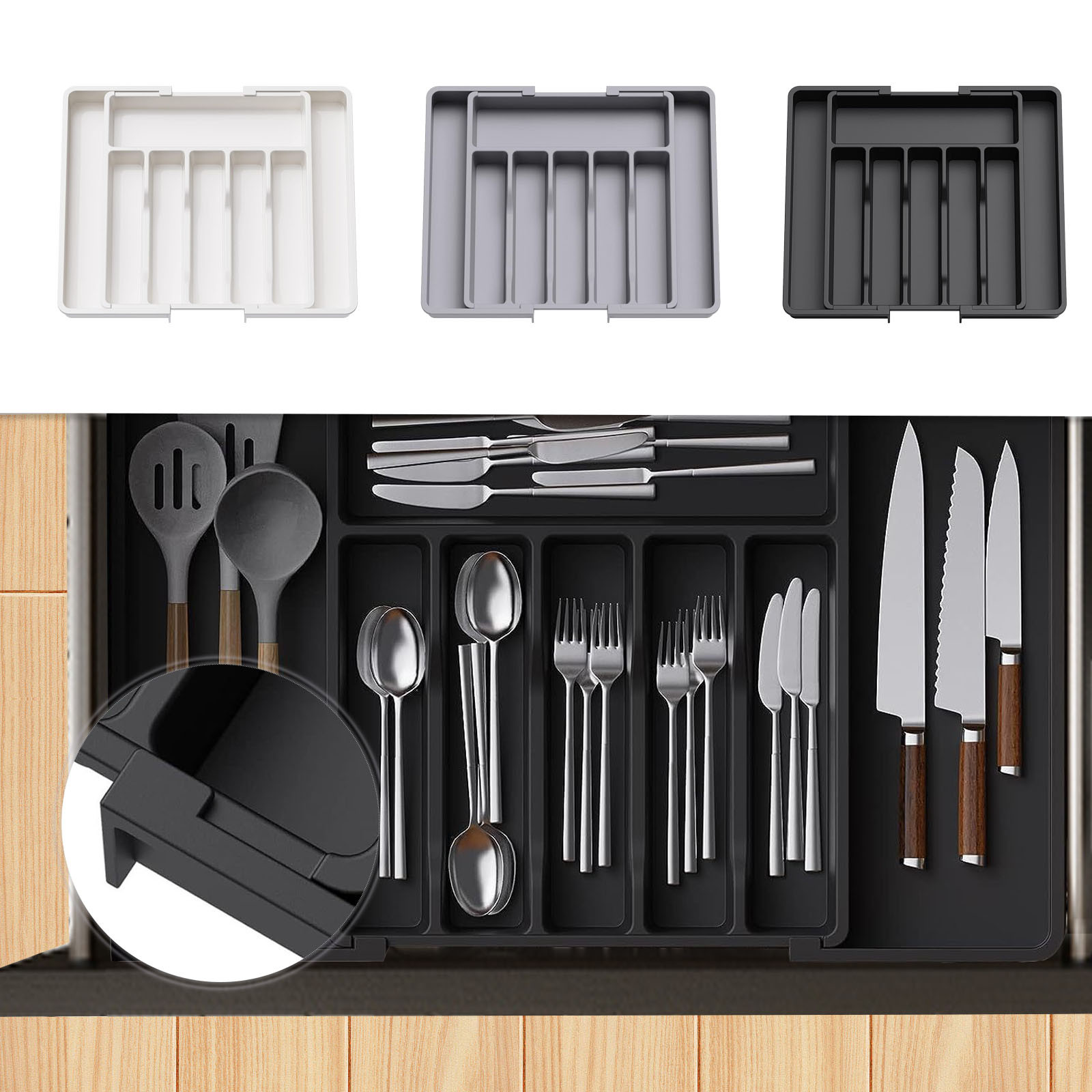Organizador de cajones para cubiertos, bandeja de utensilios expandible para cocina, cubiertos ajustables y soporte para cubiertos para cucharas, tenedores y cuchillos