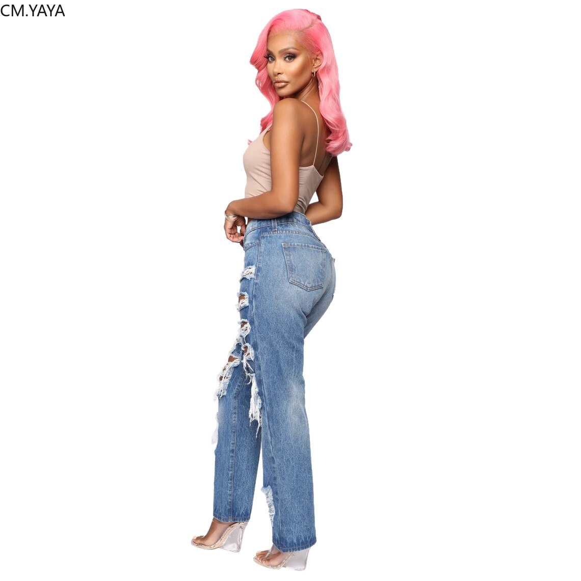 CM.YAYA-pantalon Denim ajouré pour femme, rétro délavé, pantalon Sexy déchiré, Skinny, taille haute, pour femmes