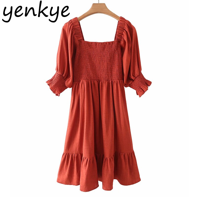 YENKYE Spring Women Solid Cotton Dress Female Square Neck Half Sleeve Casual Dress Short Vestido