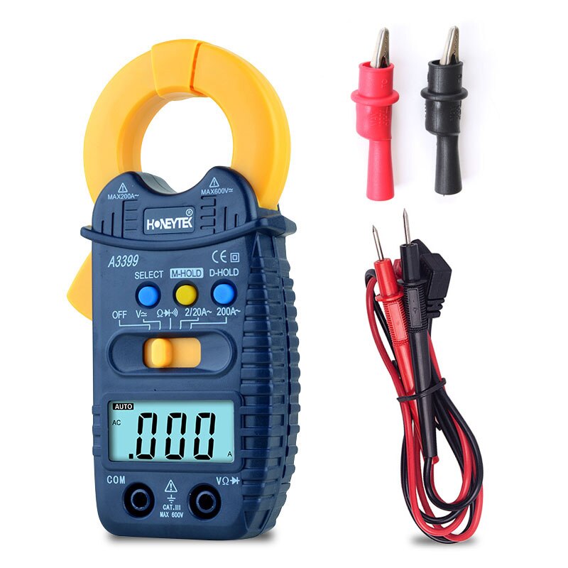 Kuaiqu multímetro braçadeira medidor dc atual a3399 mini atual digital amperímetro braçadeira tester ac/dc com pontas de prova para multímetro + clipe: Set1