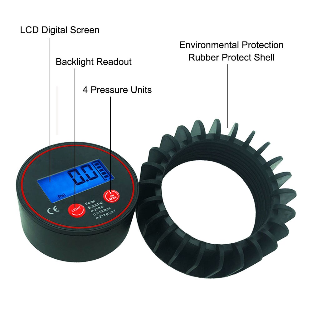 Uharbour Digital Gas Pressure Gauge with 1/8'' NPT Back Connector and Rubber Protector, 0-300psi, Accuracy 1% .F.S.
