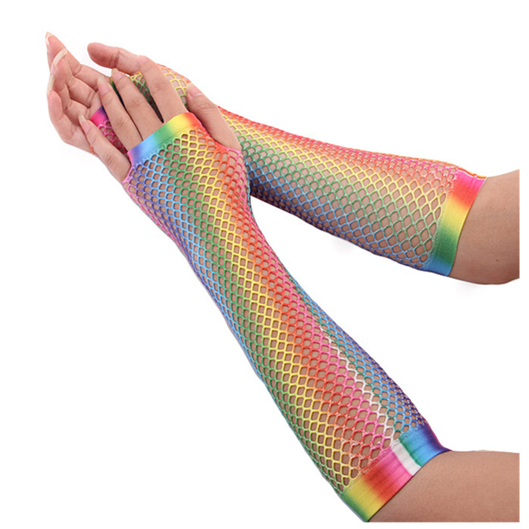 1 paar Regenbogen Farbe Damen sexy Gittergewebe Netz Fischnetz Handschuhe Frauen Aushöhlen Löcher Finger Handschuhe Dame Disko tanzen Kostüm handschuh: Beige