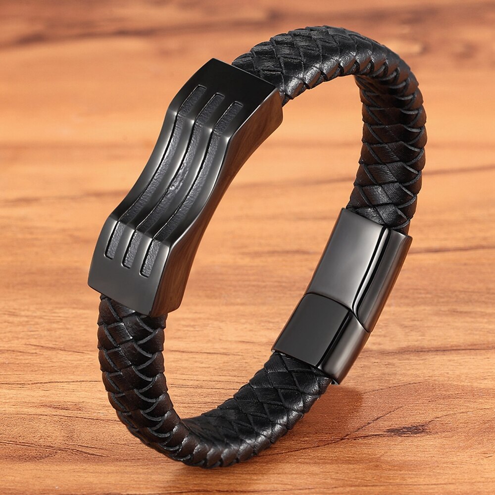 ¡Novedad de ! Pulseras para hombre con cadena de cuero en 3 colores, pulsera de acero inoxidable con cierre magnético a la , accesorios para hombre y mujer: Black / 19 cm