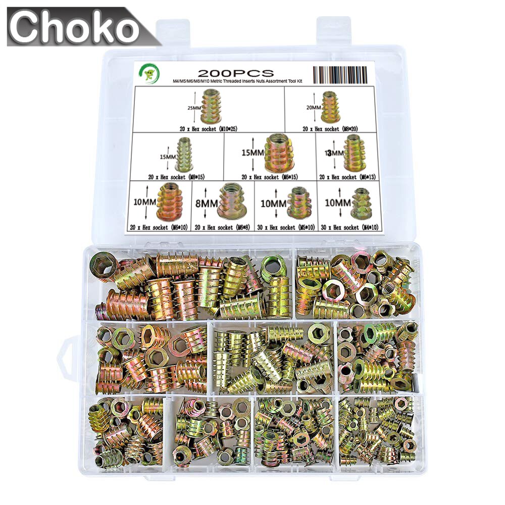 200Pcs M4-M10 Metric Threaded Inserts Nuts Assortment Tool Kit for Wood Furniture Fastener Connector screw tapping hexagon