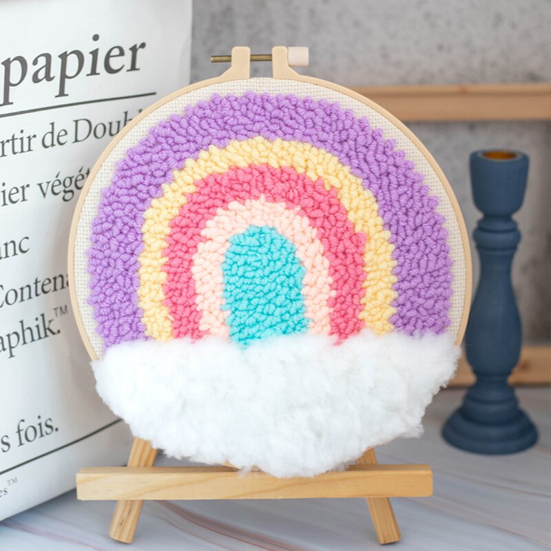 DIY Punch Needle Rainbow Embroidery Kit with Hoop Punchneedle Cross Stitch Set for Beginner Handcrafted Decoration
