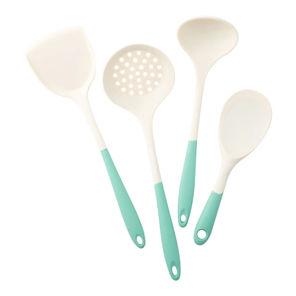 Juego de utensilios de cocina de silicona de 4 piezas con sartenes antiadherentes, espátula de silicona, cucharón de sopa, cuchara ranurada, herramientas de cocina para Cocina: Verde claro