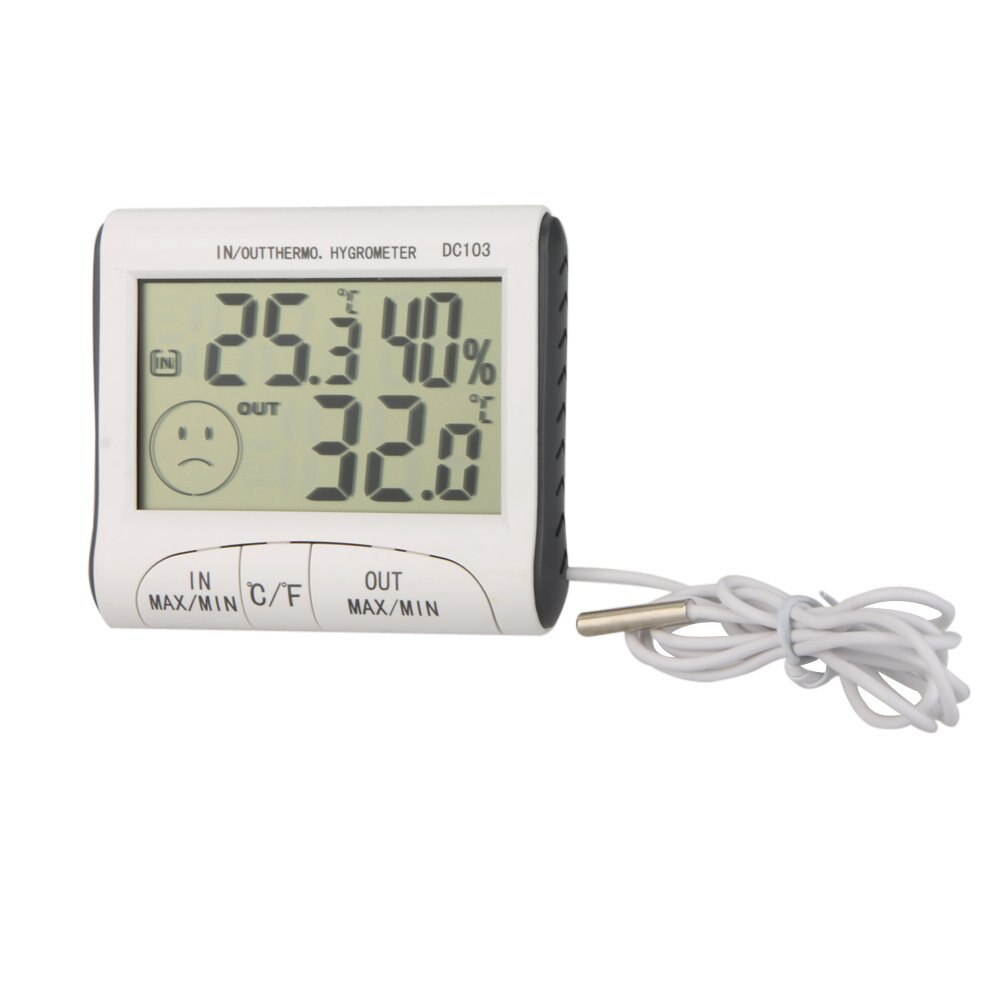 Billigste lcd digital termometer hygrometer fugtmåler og ledningsført temperatur med ekstern sensor hvid