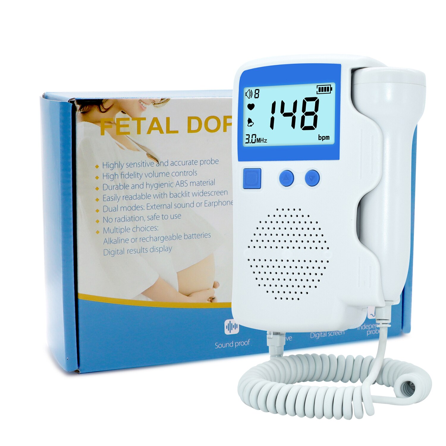 Monitor fetal para mulheres grávidas, doppler doméstico pré-natal sonar detector de batimentos cardíacos de bolso medidor de pulso eletrônico: blue with box