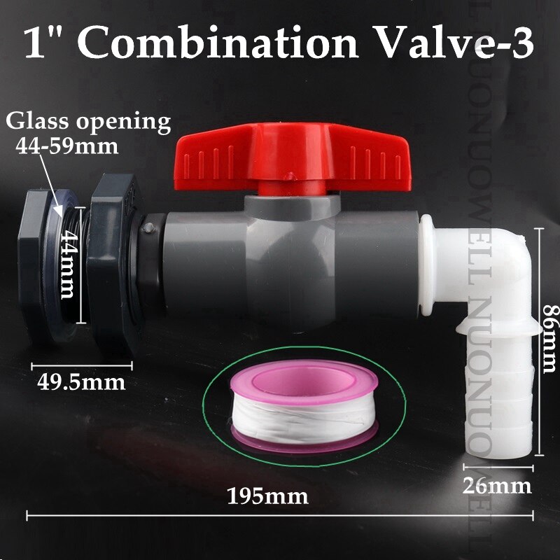 1Set 1/2"1" Combination Valve Aquarium Pagoda Connector Fish Tank Drain Joint Aquarium Hose Drainage Accessories Valve Assembly: 1in valve 3