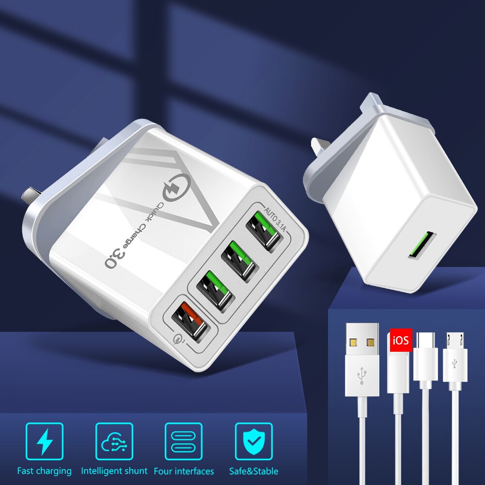 5V 2.4/3A Uk Plug 1/4 Usb-poort Adapter Mobiele Telefoon Lader Apparaat Quick Lading Qc 3.0 mobiele Telefoon Oplader Fast Charger