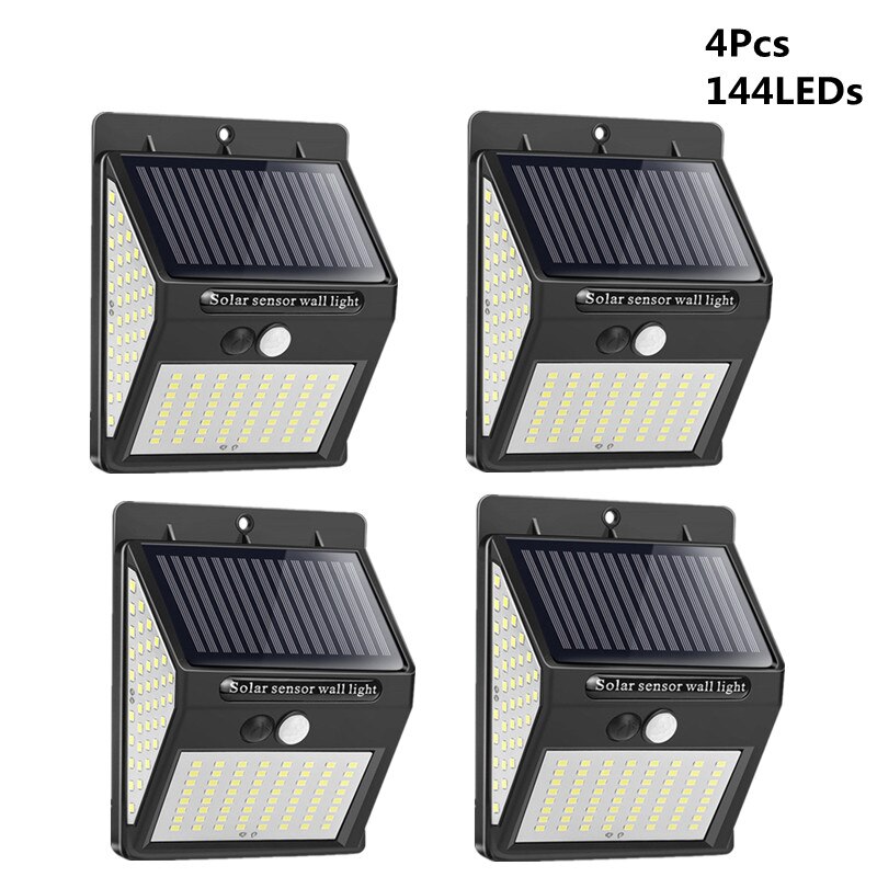 20/100/144 ledet solenergi ledet lys utendørs lampe pir bevegelsessensor vegglamper sconce vanntett solcelledrevet til hage gatelampe: 4 stk 144 lysdioder