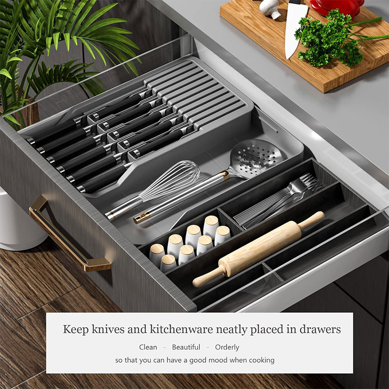Knife Block Holder with Expandable Organizer Storage Tray for Kitchen Countertop Retractable Knife Organizer Drawer Insert