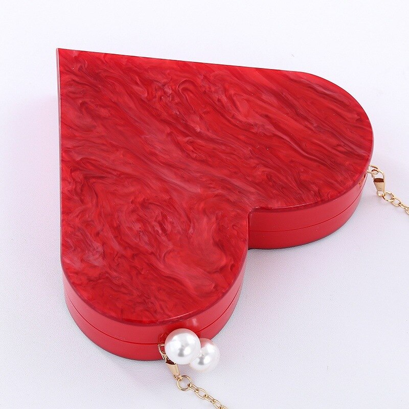 Unique Acrylic Clutch Cute Red Heart Shape Pearl Chain Party Evening bag Women Shoulder Bags Handbag Purses