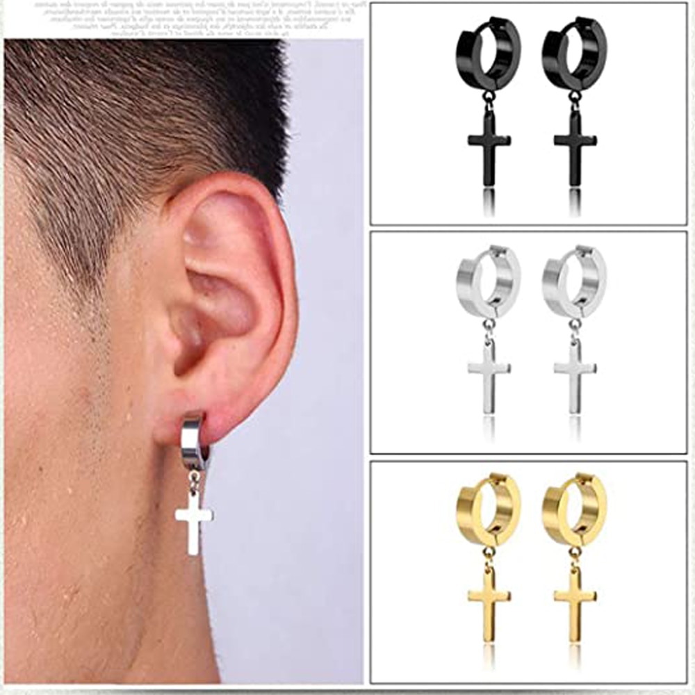 6 Style 316L Stainless Steel Dangle Round Cross Leaf Earring for Men Women Cool Punk Eboy Stud Earring Set