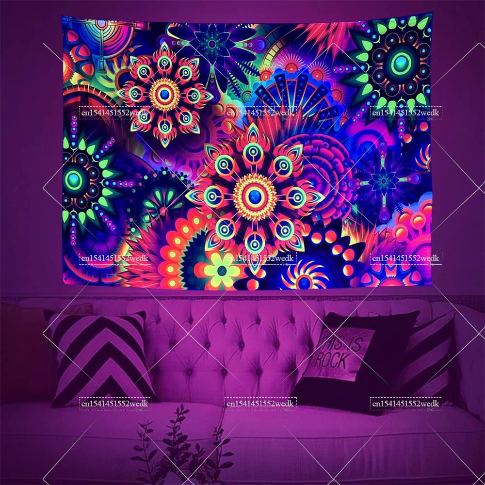 Boho Blacklight Tapestry Colorful Mandala Floral Tapestry Wall Hanging UV Reactive Aesthetic Glow In The Dark Party Backdrops