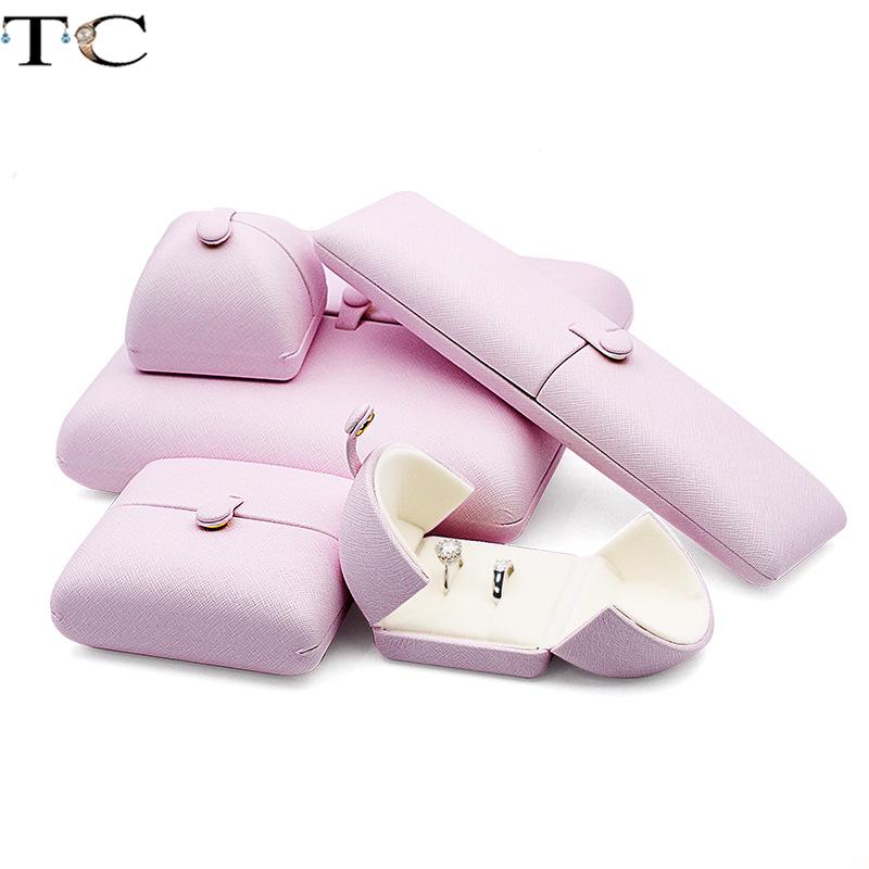 Pink Leather Snap Button Double-Sided Opening Jewelry Packaging Box Proposal Double Ring Box Pearl Necklace Collection Box