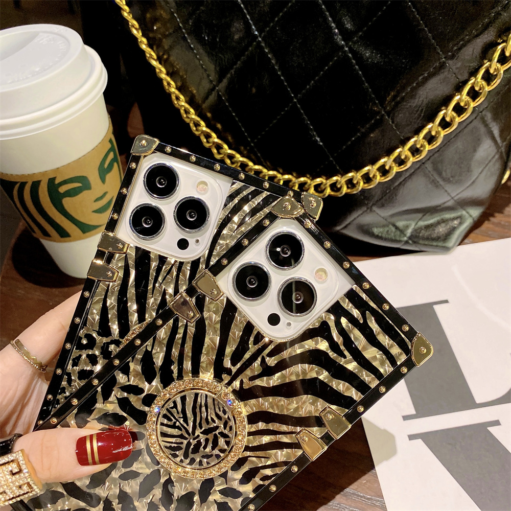 Funda chapada en oro de leopardo de lujo para iPhone 16 15 Pro Max 14 13 12 11 XR X 8 7 Plus cubierta con soporte de anillo de diamante brillante Funda 16