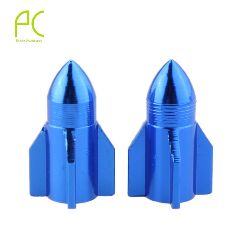 Pcycling Fiets Gasmondstuk Cap 2 Stuks Cnc Aluminium Auto Schrader Valve Cap Raket Modellering Gaspijp Ventiel Stofkap cover: BLUE