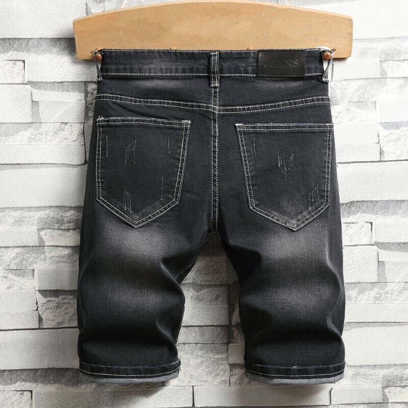 Pantalones vaqueros negros con bordado para hombre, Vaqueros elásticos hasta la rodilla con agujero rasgado, corte holgado, informales, rectos, de verano