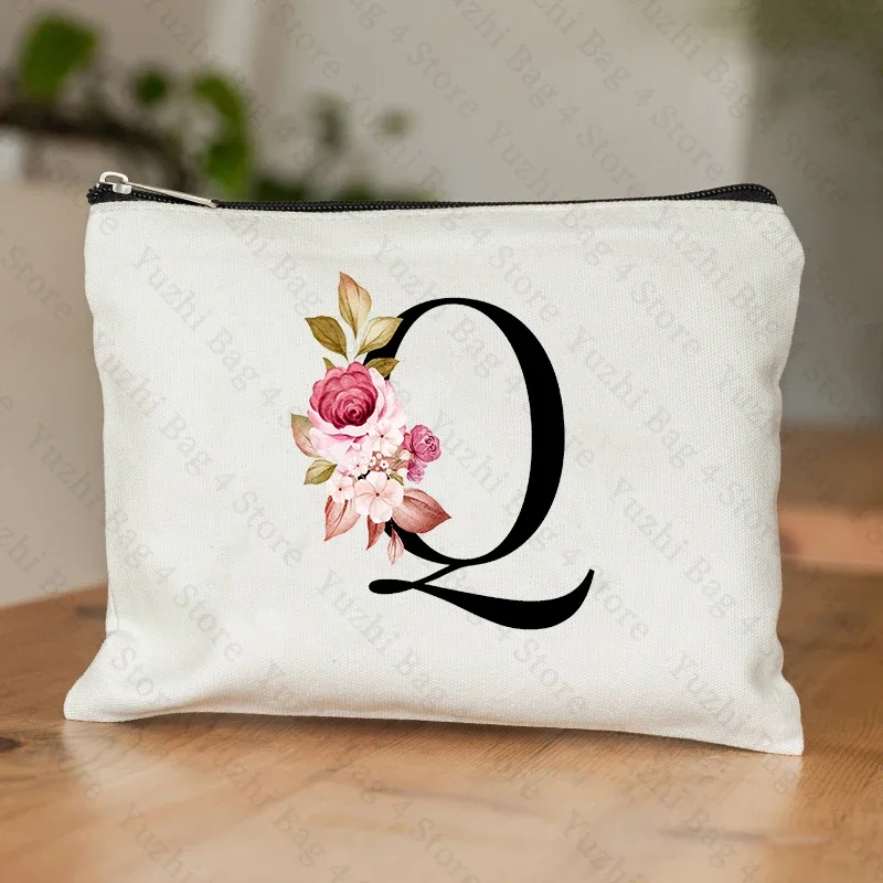 26-Buchstaben-Blumen-machen-hoch-Tasche, bedruckt, Brautjungfer, Hochzeitsgeschenk, Abschlussfeier, Lehrertag, , Aufbewahrungstasche, Reise-Parfüm-Seitentasche: Rosa