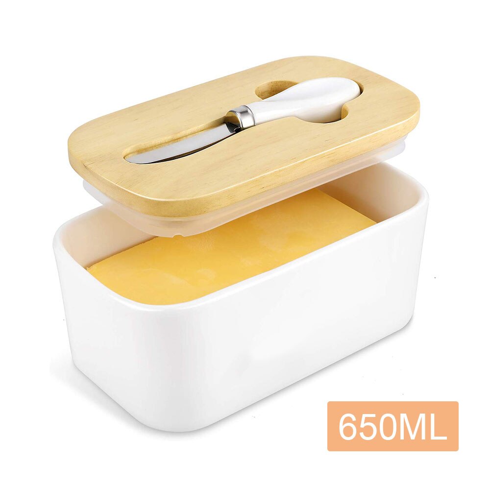 Nordic Ceramic Butter Box Wood Cover With Knife Butter Sealing Plate Storage Tray Dish Cheese Kitchen Food Container Butter Dish: 650ml