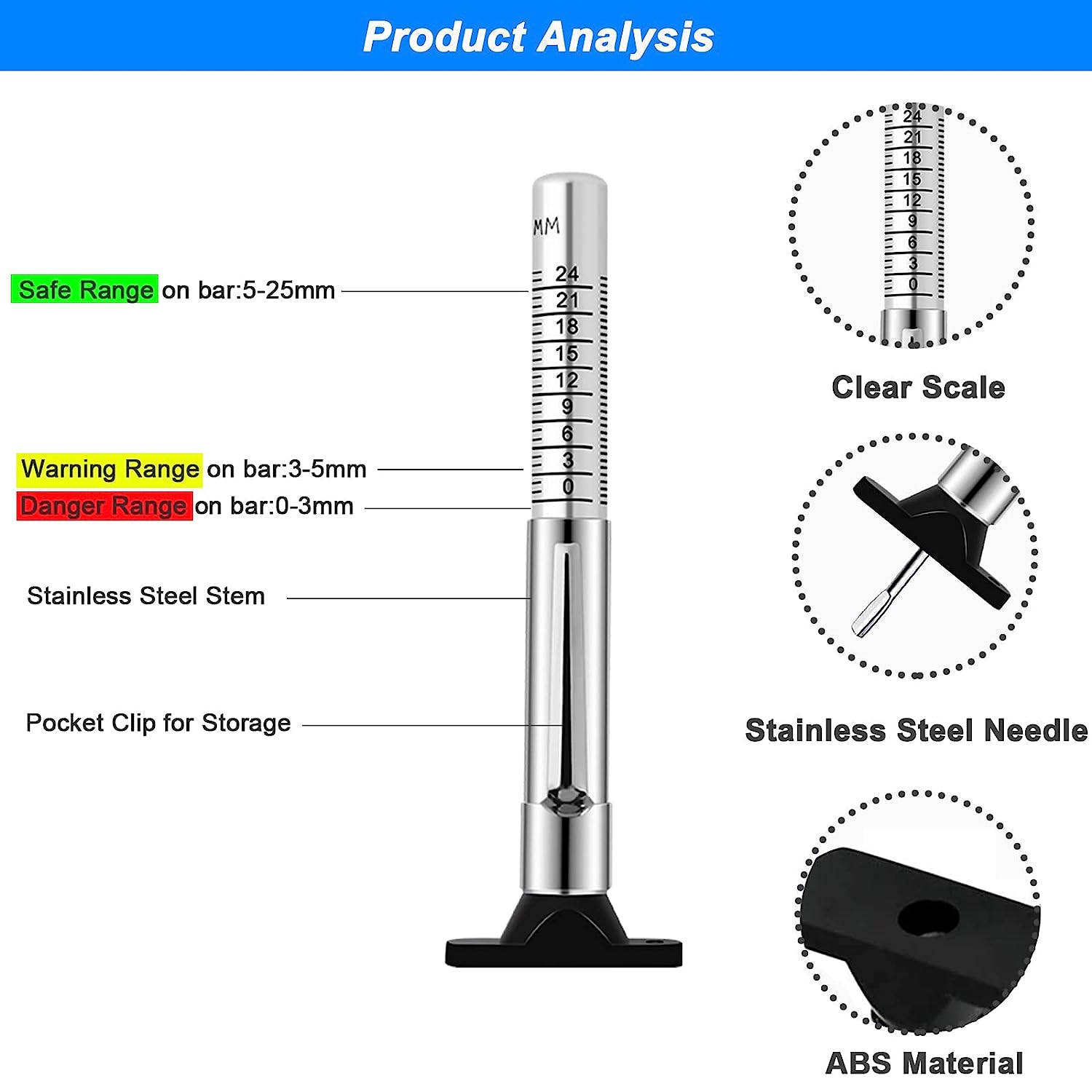 ATsafepro medidor de profundidad de la banda de rodadura del neumático, comprobador de profundidad de la banda de rodadura del neumático de acero inoxidable, herramienta de medición de profundidad del neumático en 25MM/32nds