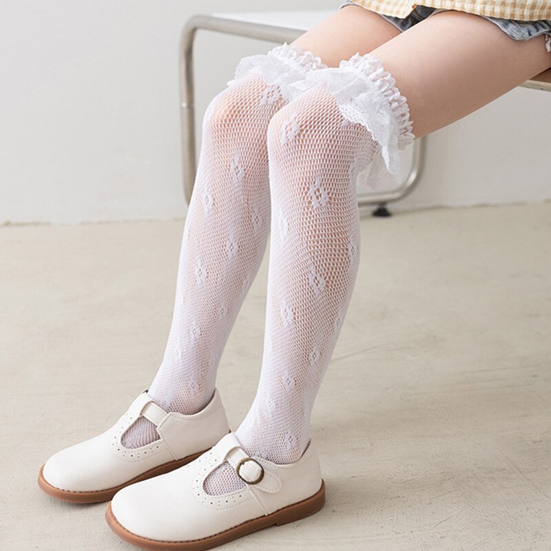 Calcetines hasta la rodilla de encaje para niñas, medias largas de princesa con volantes, malla transpirable, calado, verano, 2022
