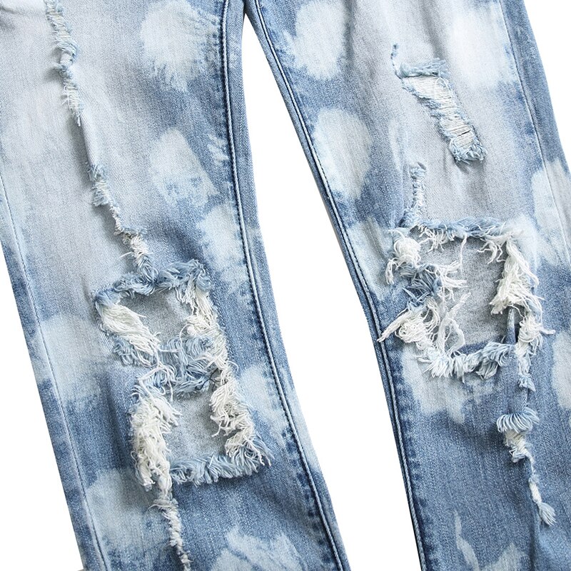 Sokotoo Men's zippers ripped jeans Plus big size light blue tie and dyed holes patchwork denim pants Buttons fly trousers