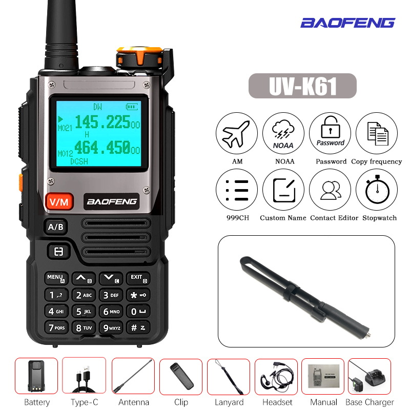 Baofeng-UV-K61 Walkie Talkie, Multi Band, Frequência de cópia sem fio, 999CH, carregador tipo C, UHF, VHF, NOAA, UV-5R, UV K6, K: Dourado / American