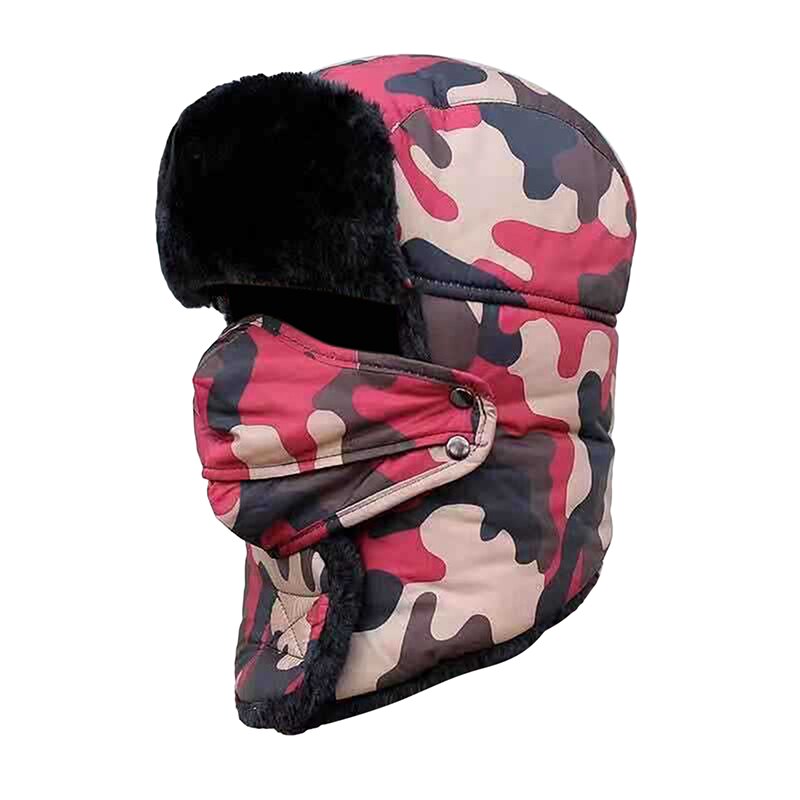 Unisex Camouflage Bomber Hat Russia Caps Waterproof Warm Faux Fur Earflap Winter Snow Skiing Hats Casual: red camouflage