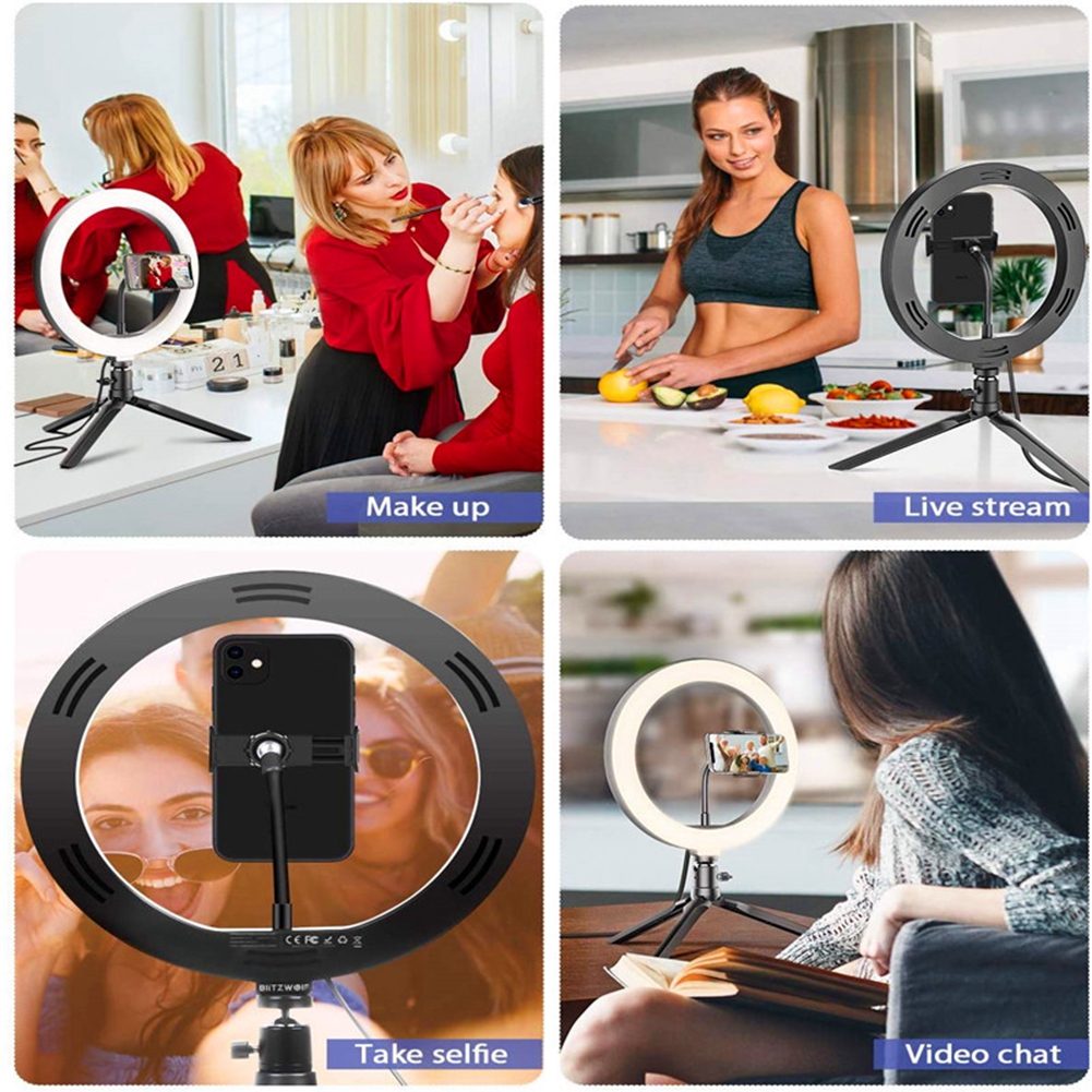 10.2 Inch LED Ring Light Dimmable USB Selfie Filled Light 3 Modes and 11 Brightness Levels With Phone Holder and Tripod