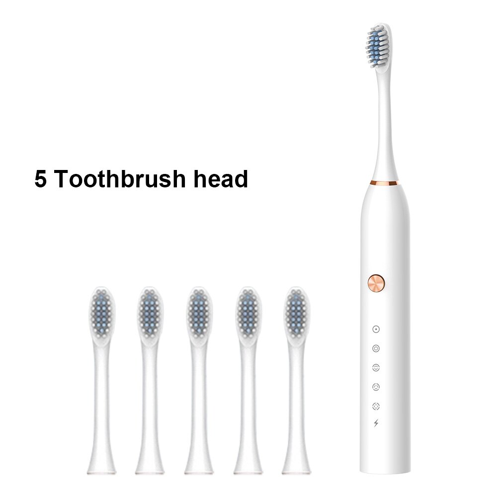 Powerful Ultrasonic Sonic Electric Toothbrush USB Rechargeable Toothbrush Adult Electronic Washable Whitening relax Teeth Brush: White 5 Heads