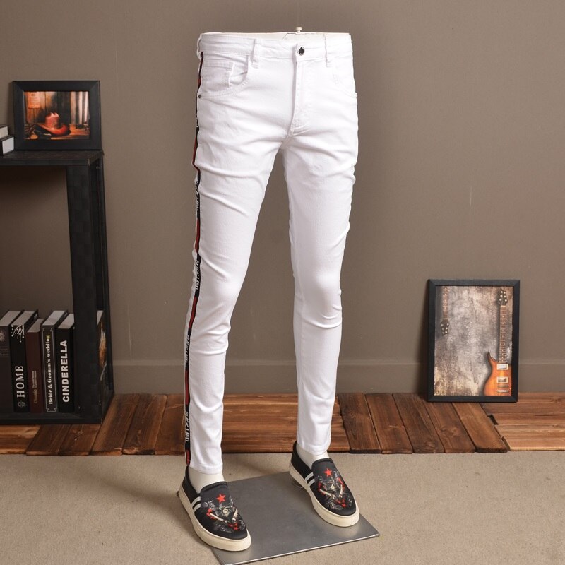 Men Skinny Jeans Elastic White Streetwear Side Stripe Pants for Cowboys P85: 28