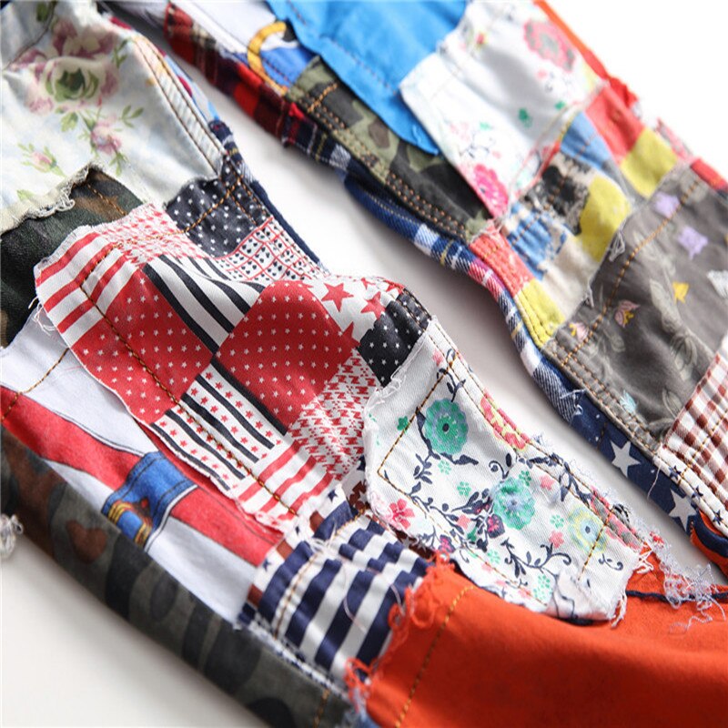 Men's Patchwork Spliced Ripped Denim Jeans Male Slim Colored Patch Buttons Fly Straight Pants