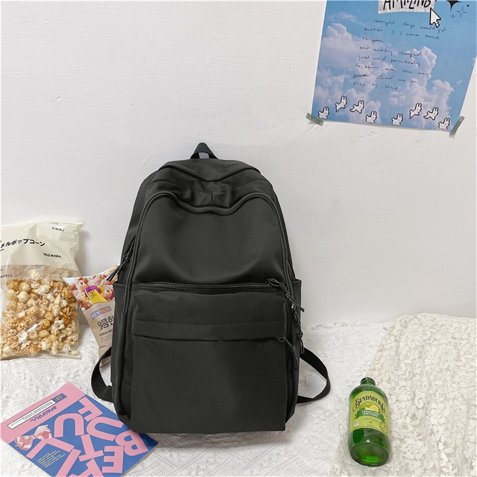 Mochila escolar para adolescentes y niñas, morral escolar de nailon suave, a la , de viaje: Black / With Pendant