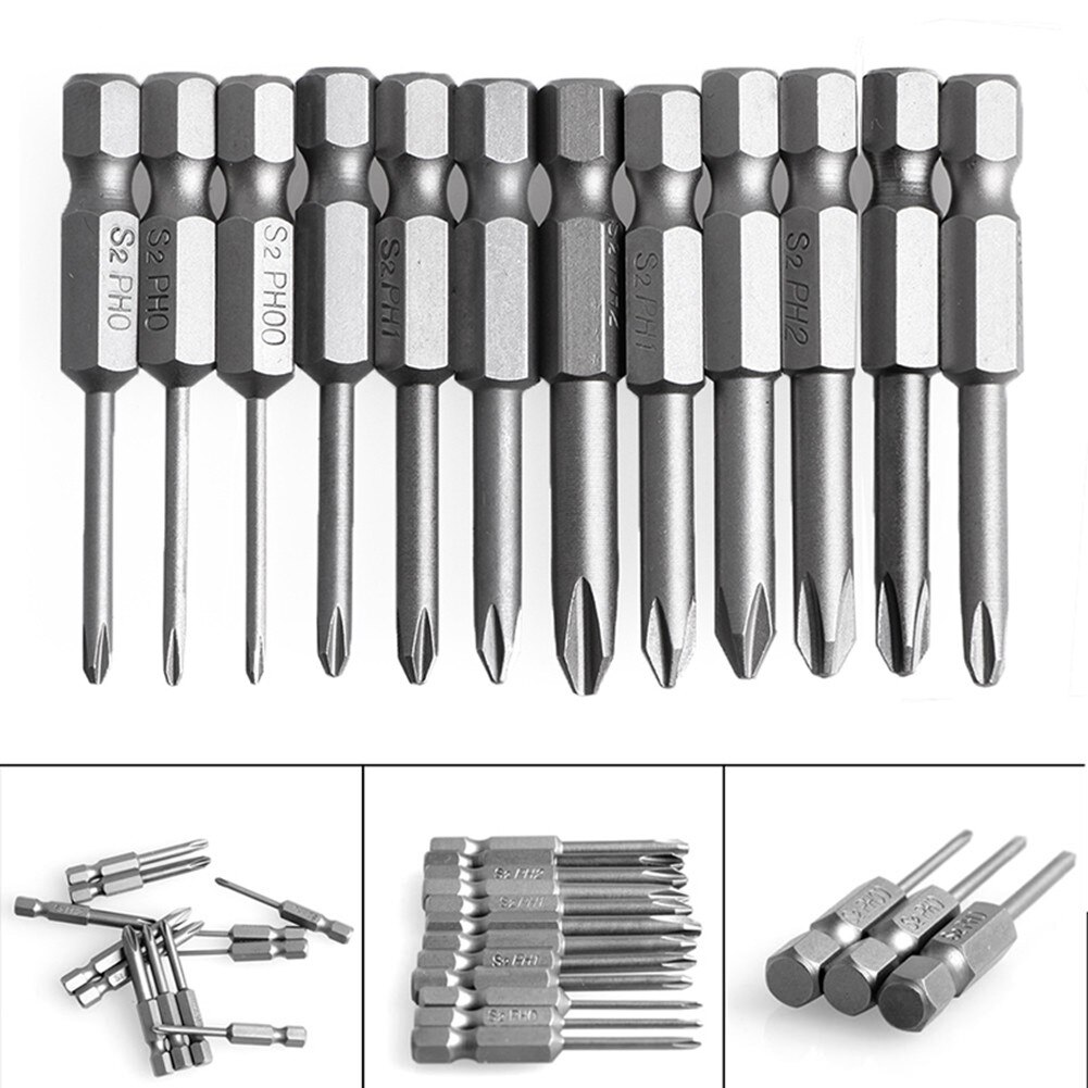 Adaptateur de douille à Impact pour outils électriques, embouts de tournevis cruciforme à tige hexagonale magnétique S2 en acier allié PH 50mm 1/4 pouces 12 pièces