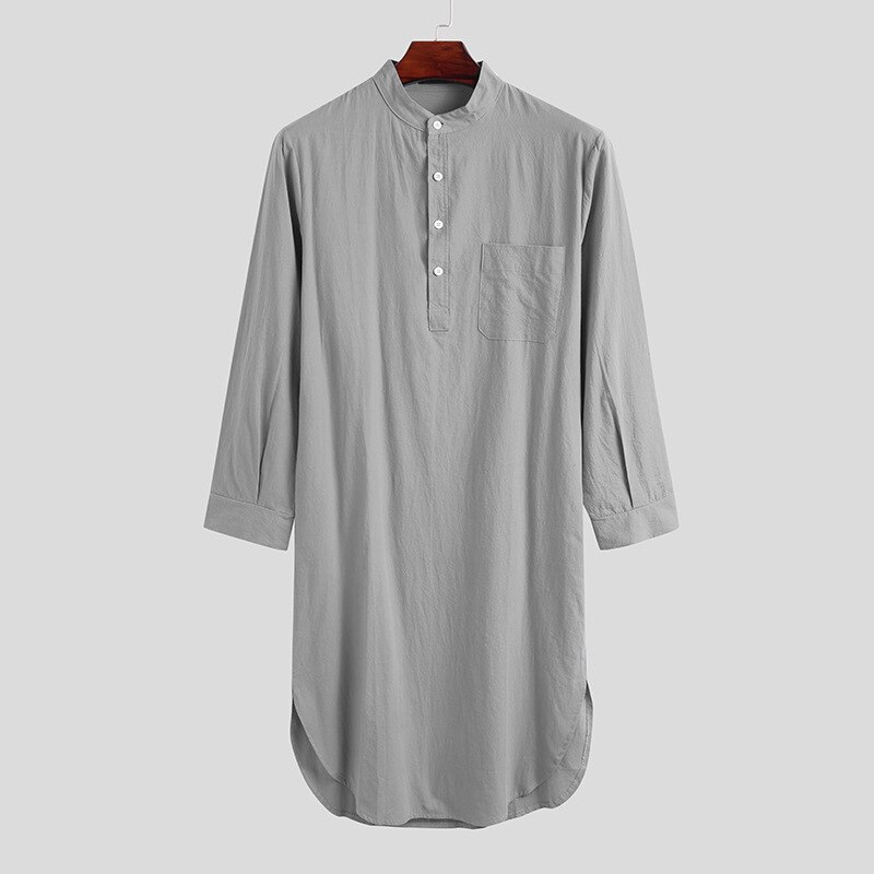 Mannen Moslim Lange Robe Islamitische Kleding Effen Karftan Jubba Thobe Dubai Saudi Arabië Thuis Gebed Dragen Nachtjapon Abaya Jurk: Gray / L