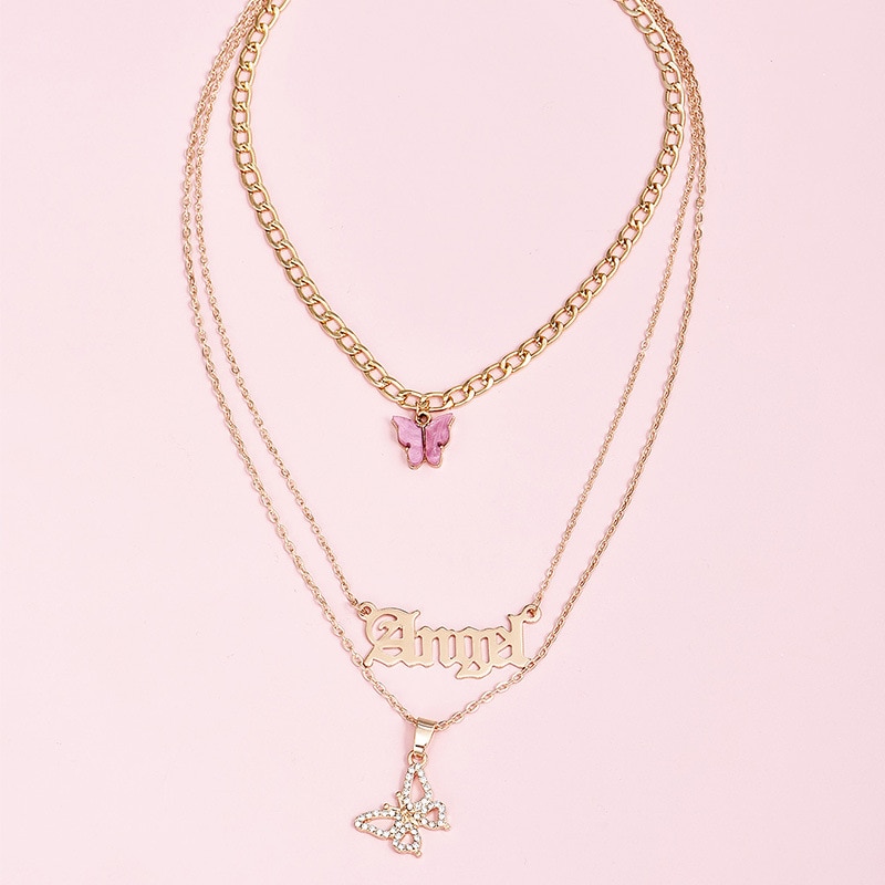 3Pcs/Set Charm Women Necklaces Set Letter Angel Hollow Butterfly Clavicle Chain Gold Necklace Wedding Party Lady Jewelry