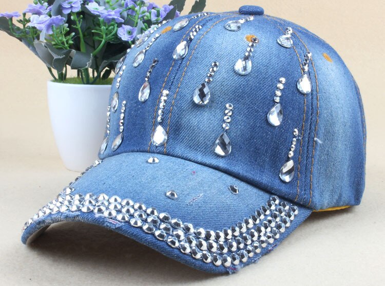 Gloedspec we Denim Hoeden Mode Vrije Vrouw Cap Met Water Drop Steentjes Vintage Jean Katoen berretti da Baseball per Mannen Hot koop: 3