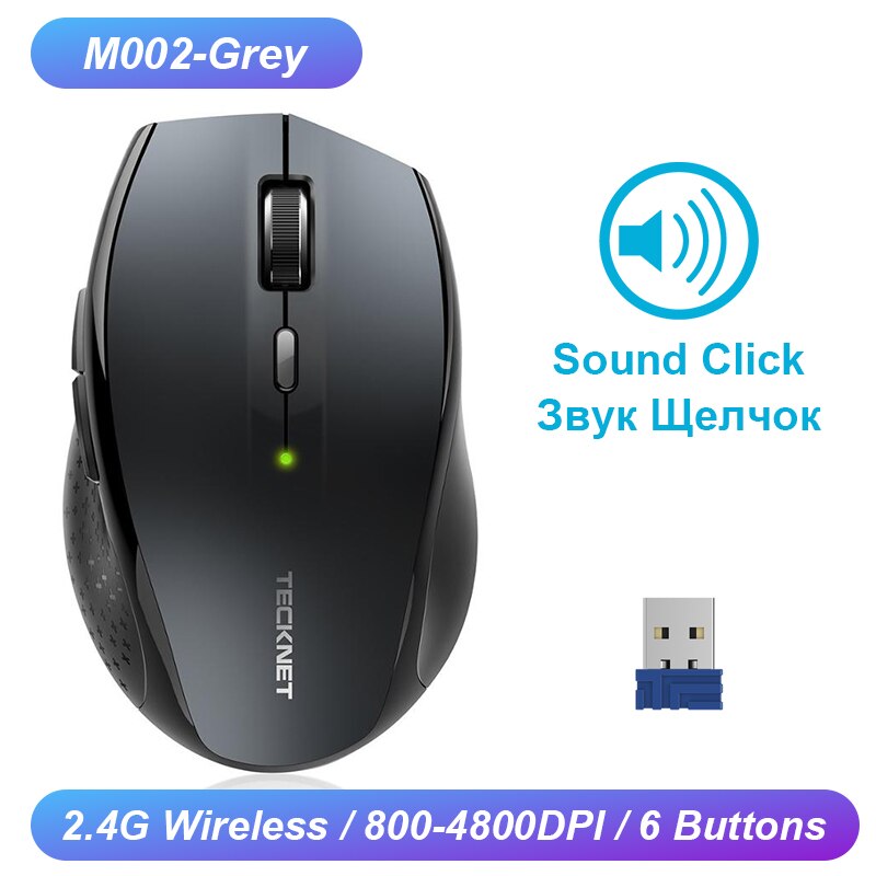 TeckNet Computer Wireless Gaming Mouse 6 Buttons 2400 DPI Mause 2.4G Receiver USB Optical Ergonomic Mouse Gamer Wireless For Lap: M002 Grey